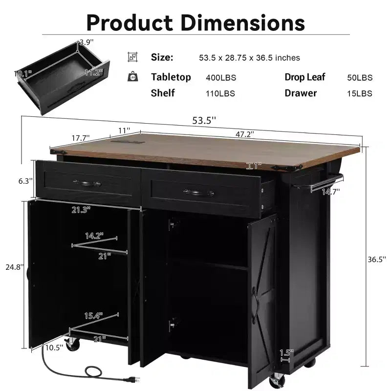 Farmhouse Kitchen Island with Power Outlet, Kitchen Storage Island with Drop Leaf, Spice Rack and Drawer, Rolling Kitchen Cart on Wheels