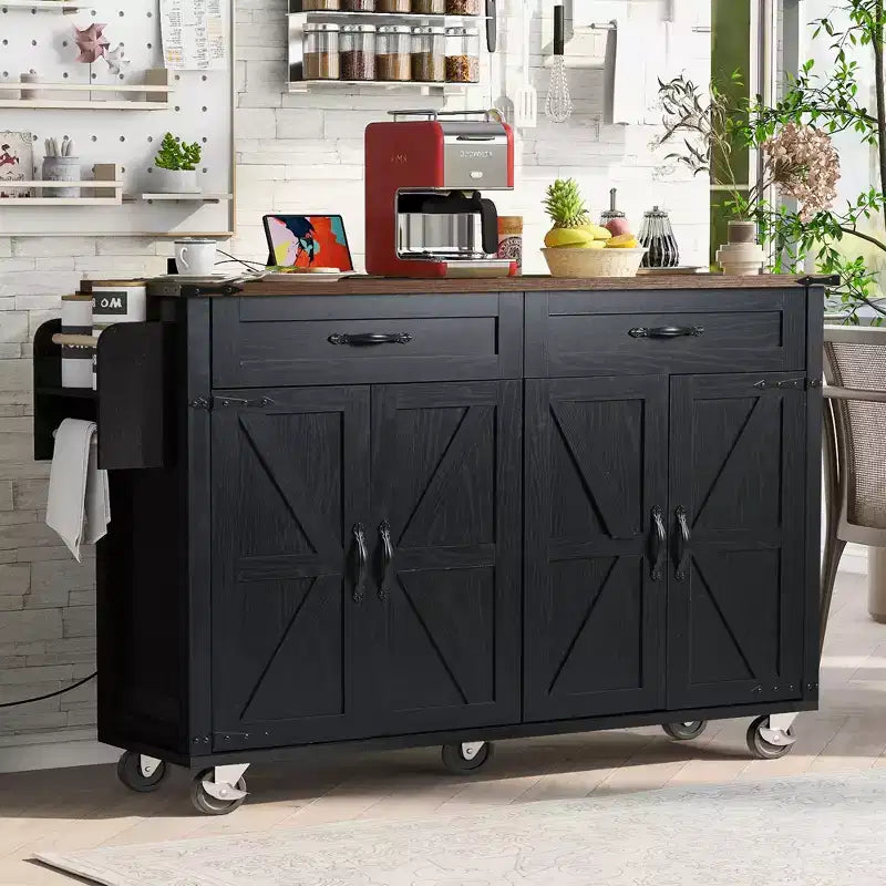 Farmhouse Kitchen Island with Power Outlet, Kitchen Storage Island with Drop Leaf, Spice Rack and Drawer, Rolling Kitchen Cart on Wheels