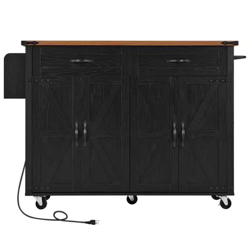 Farmhouse Kitchen Island with Power Outlet, Kitchen Storage Island with Drop Leaf, Spice Rack and Drawer, Rolling Kitchen Cart on Wheels