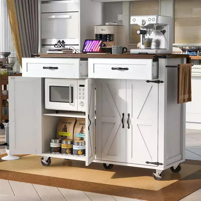 Farmhouse Kitchen Island with Power Outlet, Kitchen Storage Island with Drop Leaf, Spice Rack and Drawer, Rolling Kitchen Cart on Wheels