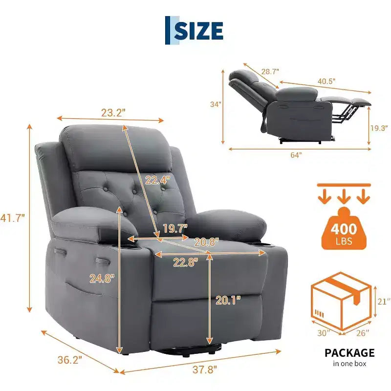 Oversized Power Lift Recliner Chair for Living Room,Black PU Leather Seat, Vibration Massage, Lumbar Heat,Dual Cup Holders,Side Pockets,Mobility Aid
