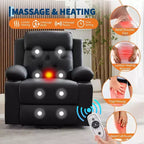 Fauteuil inclinable électrique surdimensionné pour salon, siège en cuir PU noir, massage vibrant, chauffage lombaire, double porte-gobelets, poches latérales, aide à la mobilité