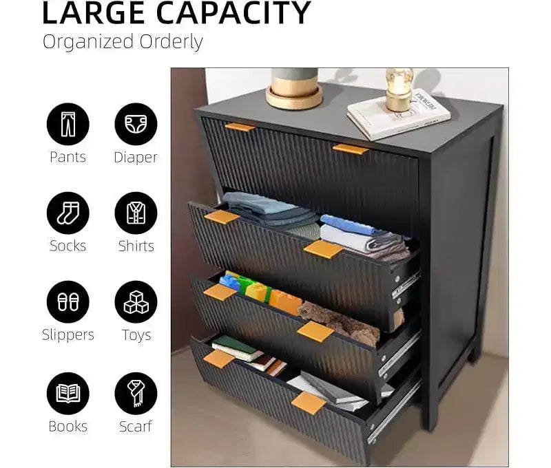 Chest of Drawers with 4 Drawers, Tall Dresser Unit with Easy Pull Handle, Waveform Fluted Panel Storage Cabinet, Stylish Clothes Organiser Cupboard