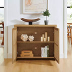 Buffet en bois Mid-Century avec portes en rotin, Armoire de rangement rétro pour salle à manger, cuisine