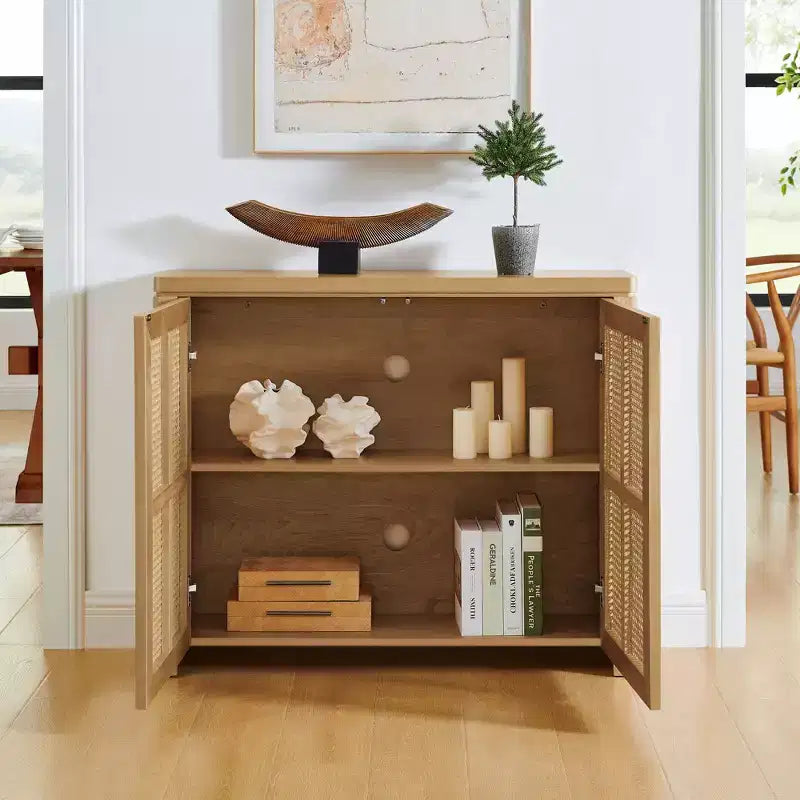 Mid Century Wooden Buffet Sideboard Storage Cabinet with Rattan Doors, Retro Coffee Pantry Cabinets for Dining Room, Kitchen