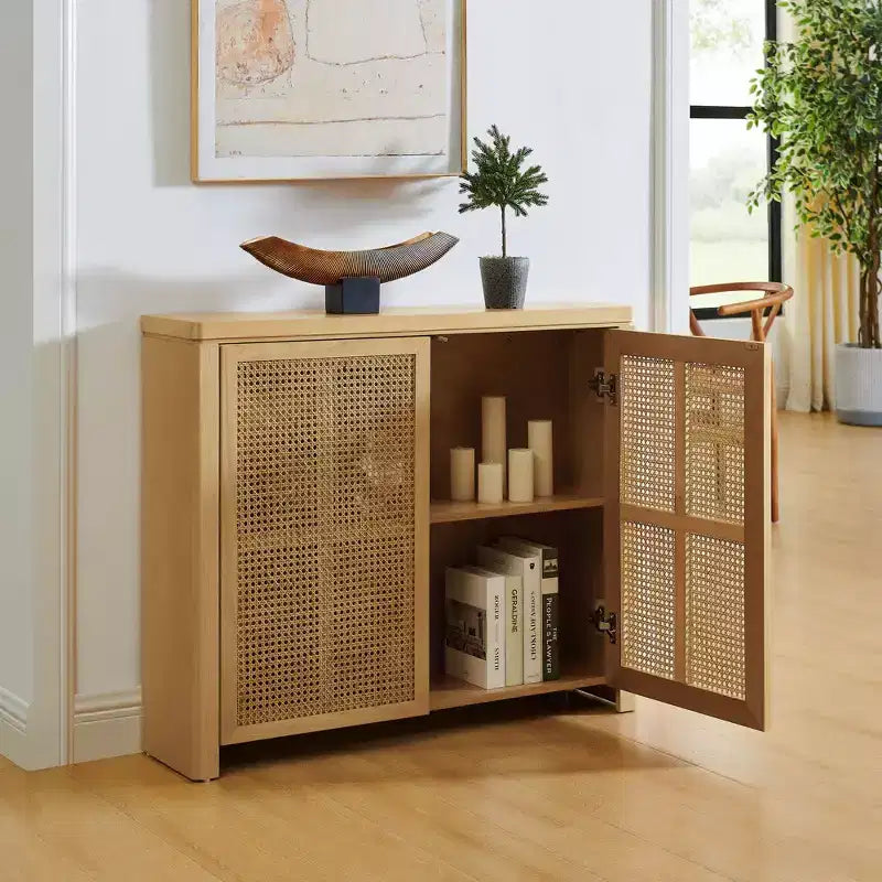 Mid Century Wooden Buffet Sideboard Storage Cabinet with Rattan Doors, Retro Coffee Pantry Cabinets for Dining Room, Kitchen