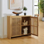 Buffet en bois Mid-Century avec portes en rotin, Armoire de rangement rétro pour salle à manger, cuisine