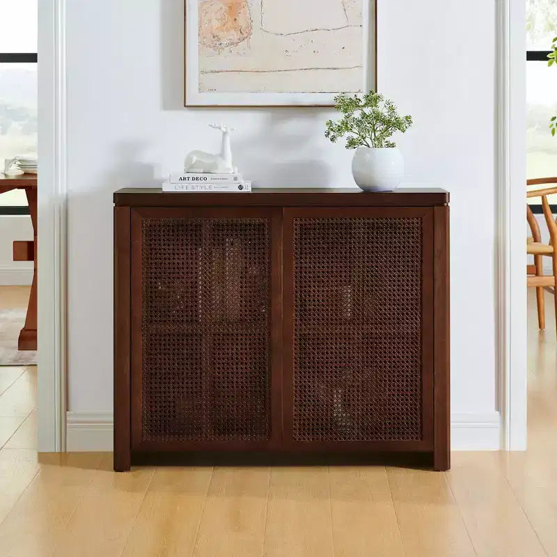 Mid Century Wooden Buffet Sideboard Storage Cabinet with Rattan Doors, Retro Coffee Pantry Cabinets for Dining Room, Kitchen