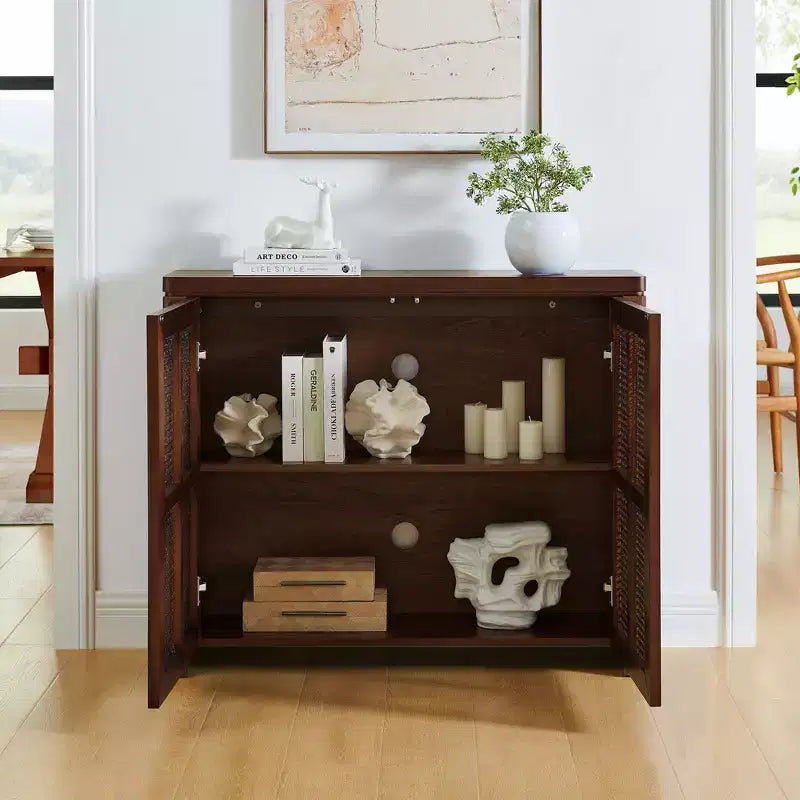Mid Century Wooden Buffet Sideboard Storage Cabinet with Rattan Doors, Retro Coffee Pantry Cabinets for Dining Room, Kitchen