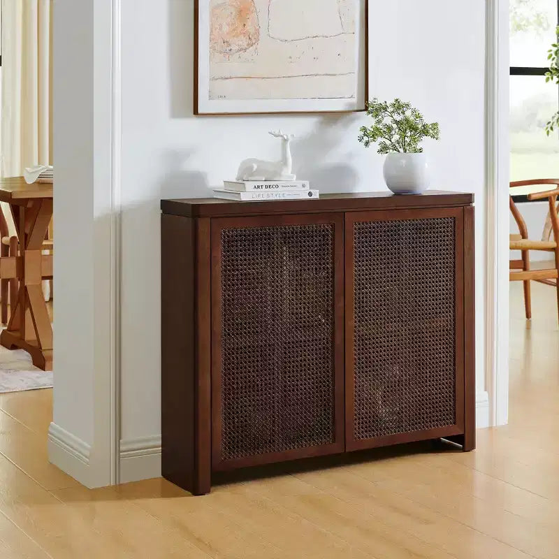 Mid Century Wooden Buffet Sideboard Storage Cabinet with Rattan Doors, Retro Coffee Pantry Cabinets for Dining Room, Kitchen