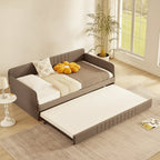 Twin Size Daybed with Trundle, Upholstered Sofa Bed Frame with Metal Slats, Platform Bed Frame, Single Daybed for Bedroom Living Room Guest Room