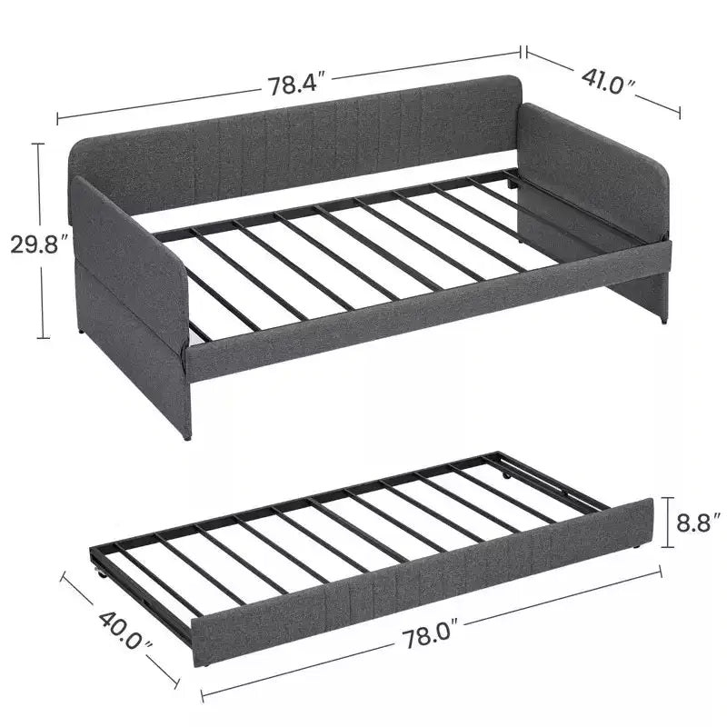 Twin Size Daybed with Trundle, Upholstered Sofa Bed Frame with Metal Slats, Platform Bed Frame, Single Daybed for Bedroom Living Room Guest Room