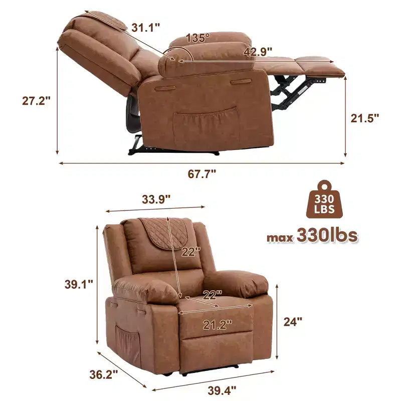 Adult Manual Recliner with Heating & Massage - 135 Front/Rear Adjustment, Side Storage Pockets & Remote Control, Ideal for Living Room & Bedroom