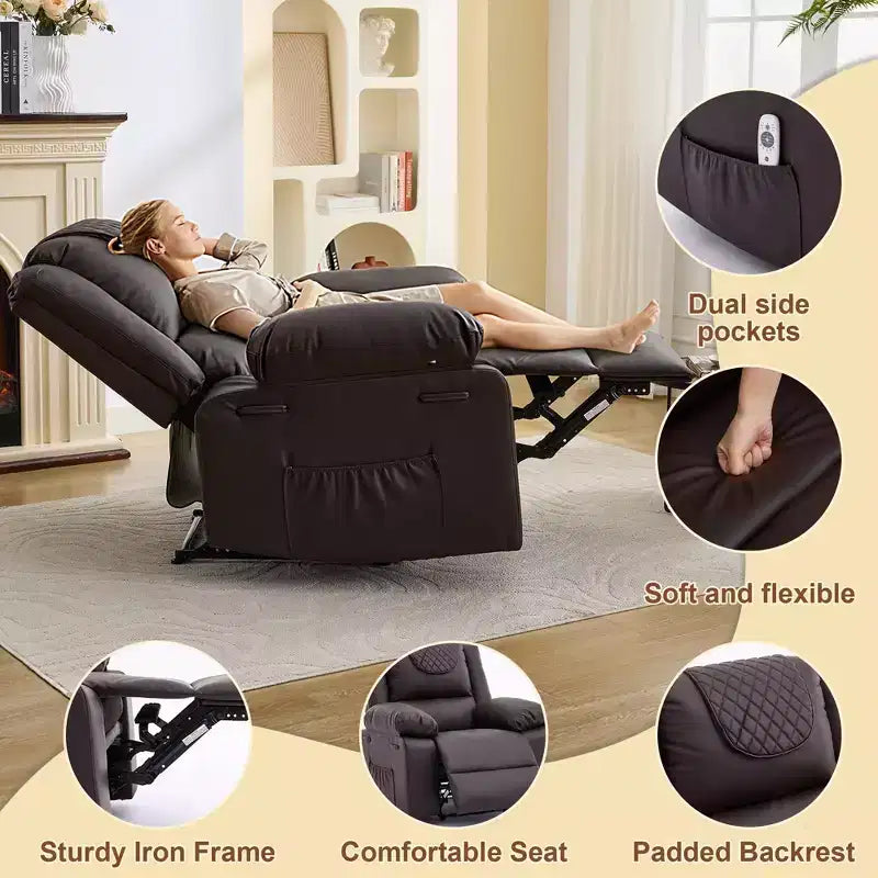 Adult Manual Recliner with Heating & Massage - 135 Front/Rear Adjustment, Side Storage Pockets & Remote Control, Ideal for Living Room & Bedroom