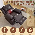 Fauteuil inclinable manuel adulte avec chauffage et massage - Ajustement avant/arrière 135°, poches latérales de rangement et télécommande, idéal pour le salon et la chambre à coucher