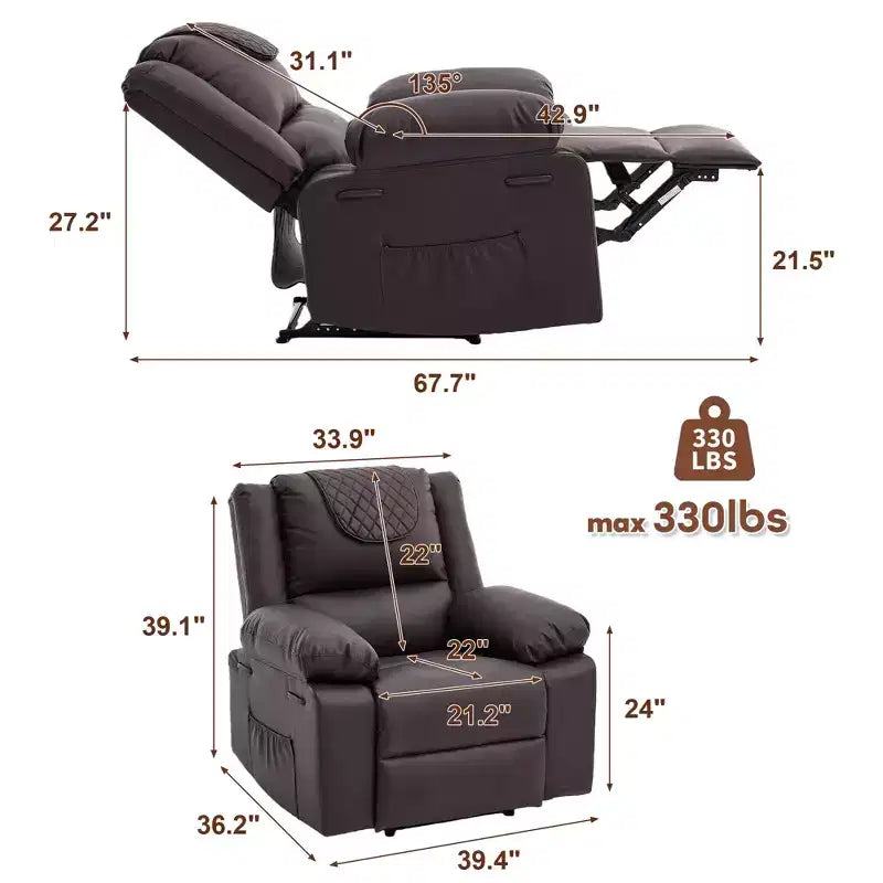 Adult Manual Recliner with Heating & Massage - 135 Front/Rear Adjustment, Side Storage Pockets & Remote Control, Ideal for Living Room & Bedroom