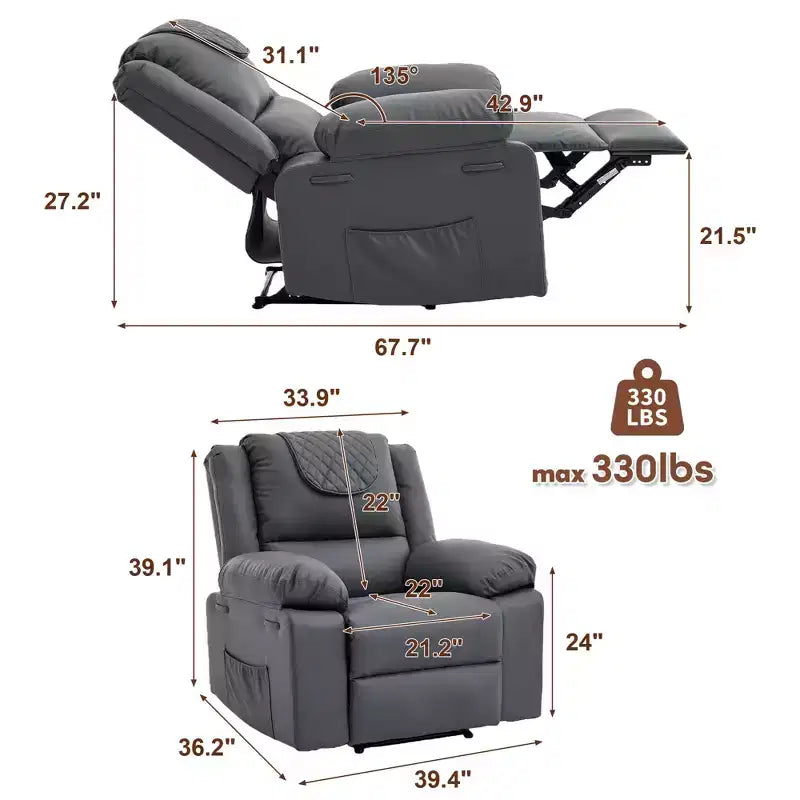 Adult Manual Recliner with Heating & Massage - 135 Front/Rear Adjustment, Side Storage Pockets & Remote Control, Ideal for Living Room & Bedroom