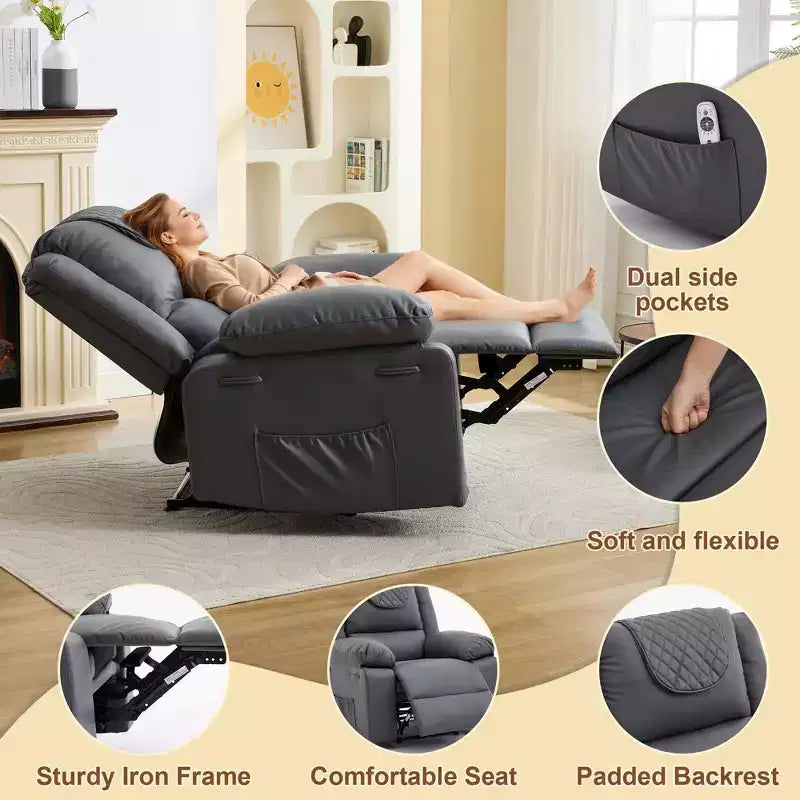 Adult Manual Recliner with Heating & Massage - 135 Front/Rear Adjustment, Side Storage Pockets & Remote Control, Ideal for Living Room & Bedroom