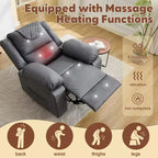 Fauteuil inclinable manuel adulte avec chauffage et massage - Ajustement avant/arrière 135°, poches latérales de rangement et télécommande, idéal pour le salon et la chambre à coucher