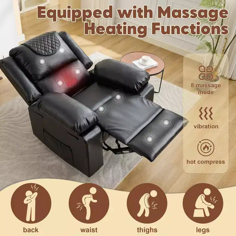 Adult Manual Recliner with Heating & Massage - 135 Front/Rear Adjustment, Side Storage Pockets & Remote Control, Ideal for Living Room & Bedroom