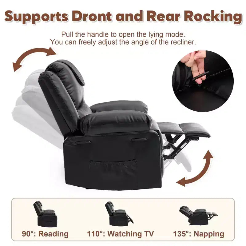 Adult Manual Recliner with Heating & Massage - 135 Front/Rear Adjustment, Side Storage Pockets & Remote Control, Ideal for Living Room & Bedroom