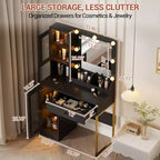 Coiffeuse avec miroir et lumières, Table de maquillage avec ampoules réglables, Plateau en MDF robuste et pieds en métal, Tiroirs et armoires de rangement intelligents pour chambre à coucher