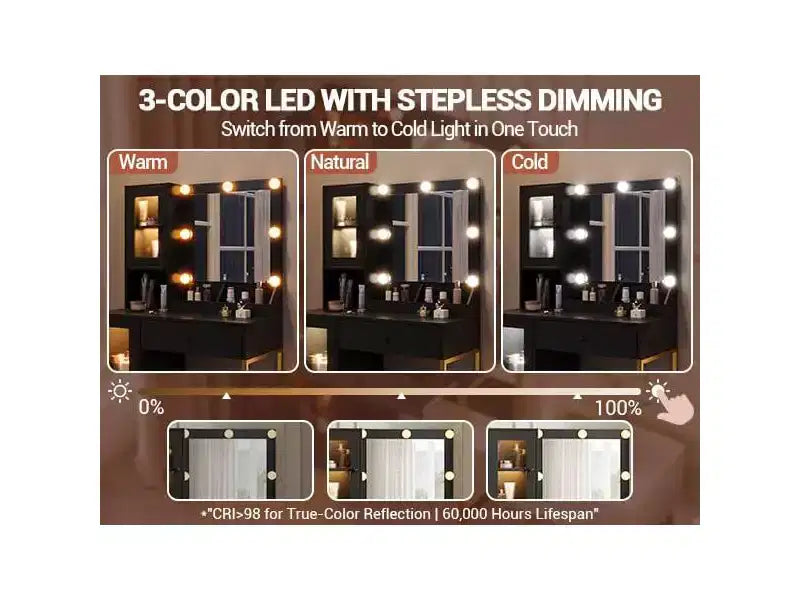 Vanity Desk with Mirror and Lights, Makeup Dressing Table w/Adjustable Bulbs, Sturdy MDF Top & Metal Leg, Smart Storage Drawers & Cabinets for Bedroom