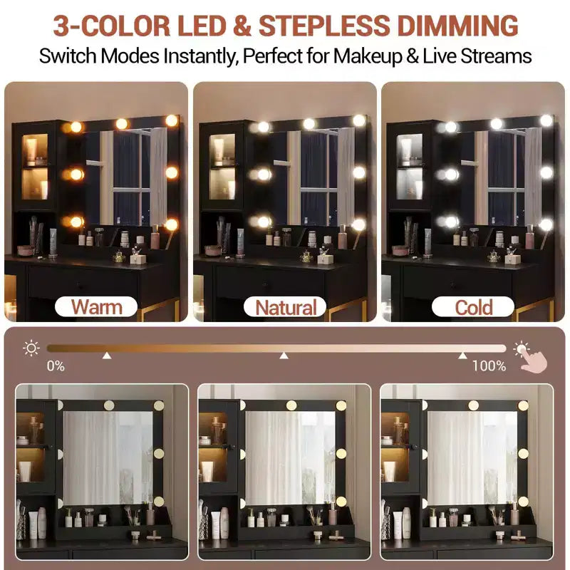 Vanity Desk with Mirror and Lights, Makeup Dressing Table w/Adjustable Bulbs, Sturdy MDF Top & Metal Leg, Smart Storage Drawers & Cabinets for Bedroom