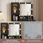 Coiffeuse avec miroir et lumières, Table de maquillage avec ampoules réglables, Plateau en MDF robuste et pieds en métal, Tiroirs et armoires de rangement intelligents pour chambre à coucher