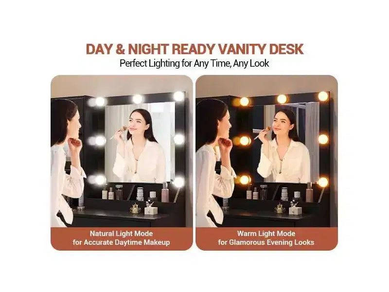 Vanity Desk with Mirror and Lights, Makeup Dressing Table w/Adjustable Bulbs, Sturdy MDF Top & Metal Leg, Smart Storage Drawers & Cabinets for Bedroom