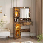 Coiffeuse avec miroir et lumières, Table de maquillage avec ampoules réglables, Plateau en MDF robuste et pieds en métal, Tiroirs et armoires de rangement intelligents pour chambre à coucher