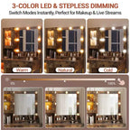 Coiffeuse avec miroir et lumières, Table de maquillage avec ampoules réglables, Plateau en MDF robuste et pieds en métal, Tiroirs et armoires de rangement intelligents pour chambre à coucher