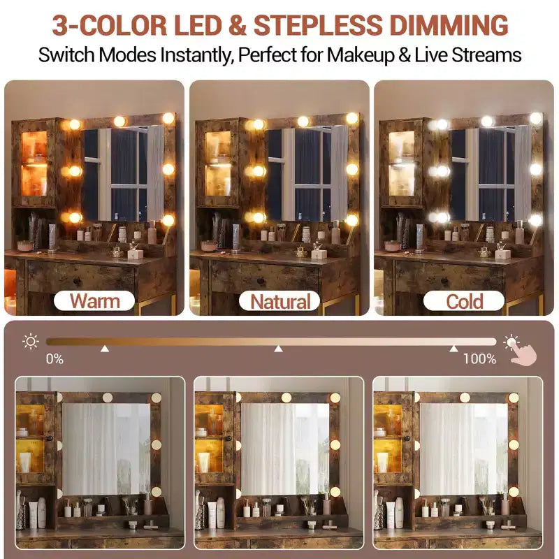 Vanity Desk with Mirror and Lights, Makeup Dressing Table w/Adjustable Bulbs, Sturdy MDF Top & Metal Leg, Smart Storage Drawers & Cabinets for Bedroom