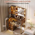 Coiffeuse avec miroir et lumières, Table de maquillage avec ampoules réglables, Plateau en MDF robuste et pieds en métal, Tiroirs et armoires de rangement intelligents pour chambre à coucher