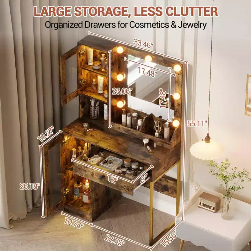 Vanity Desk with Mirror and Lights, Makeup Dressing Table w/Adjustable Bulbs, Sturdy MDF Top & Metal Leg, Smart Storage Drawers & Cabinets for Bedroom