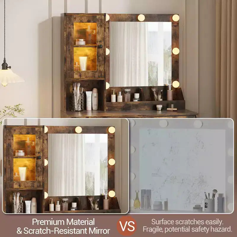 Vanity Desk with Mirror and Lights, Makeup Dressing Table w/Adjustable Bulbs, Sturdy MDF Top & Metal Leg, Smart Storage Drawers & Cabinets for Bedroom