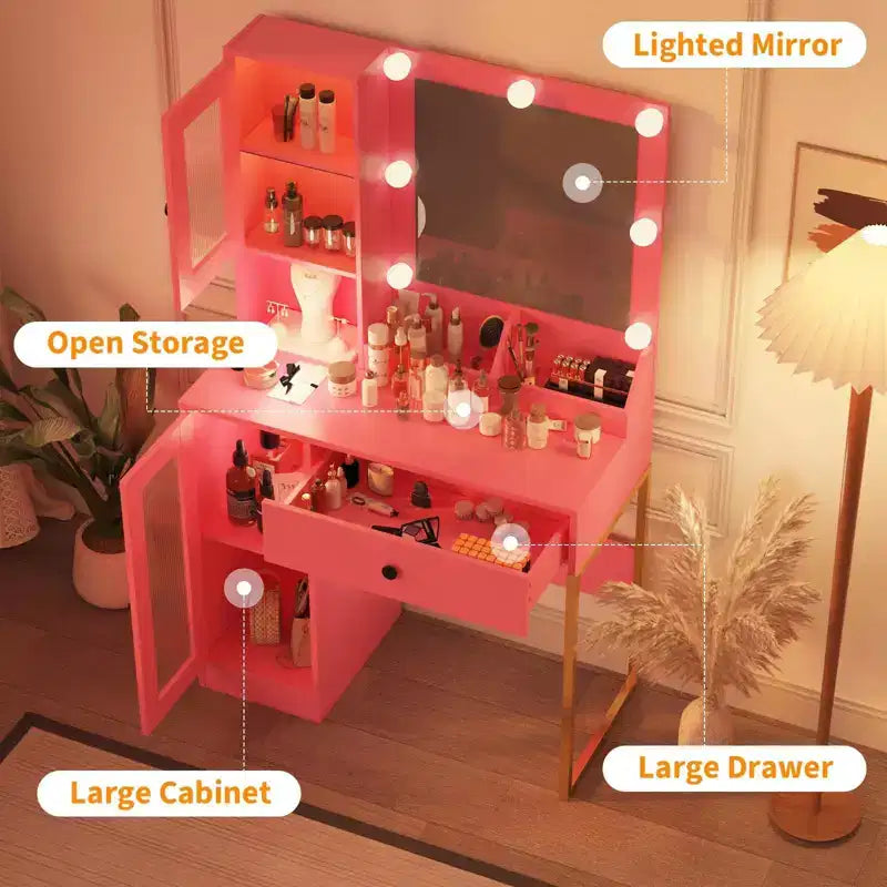 Vanity Desk with Mirror and Lights, Makeup Dressing Table w/Adjustable Bulbs, Sturdy MDF Top & Metal Leg, Smart Storage Drawers & Cabinets for Bedroom