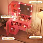 Coiffeuse avec miroir et lumières, Table de maquillage avec ampoules réglables, Plateau en MDF robuste et pieds en métal, Tiroirs et armoires de rangement intelligents pour chambre à coucher
