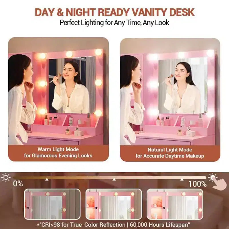 Vanity Desk with Mirror and Lights, Makeup Dressing Table w/Adjustable Bulbs, Sturdy MDF Top & Metal Leg, Smart Storage Drawers & Cabinets for Bedroom