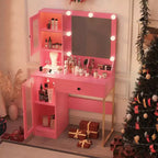 Coiffeuse avec miroir et lumières, Table de maquillage avec ampoules réglables, Plateau en MDF robuste et pieds en métal, Tiroirs et armoires de rangement intelligents pour chambre à coucher