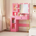 Coiffeuse avec miroir et lumières, Table de maquillage avec ampoules réglables, Plateau en MDF robuste et pieds en métal, Tiroirs et armoires de rangement intelligents pour chambre à coucher