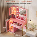 Coiffeuse avec miroir et lumières, Table de maquillage avec ampoules réglables, Plateau en MDF robuste et pieds en métal, Tiroirs et armoires de rangement intelligents pour chambre à coucher