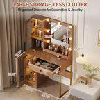 Coiffeuse avec miroir et lumières, Table de maquillage avec ampoules réglables, Plateau en MDF robuste et pieds en métal, Tiroirs et armoires de rangement intelligents pour chambre à coucher
