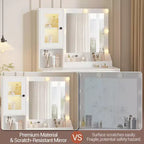 Coiffeuse avec miroir et lumières, Table de maquillage avec ampoules réglables, Plateau en MDF robuste et pieds en métal, Tiroirs et armoires de rangement intelligents pour chambre à coucher
