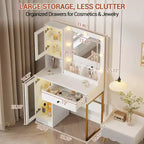 Coiffeuse avec miroir et lumières, Table de maquillage avec ampoules réglables, Plateau en MDF robuste et pieds en métal, Tiroirs et armoires de rangement intelligents pour chambre à coucher