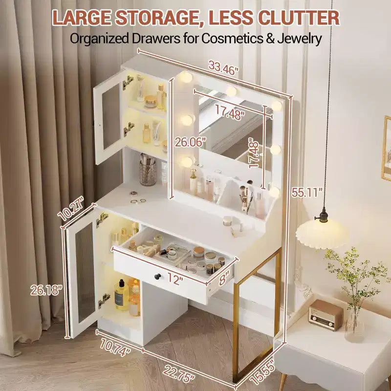 Vanity Desk with Mirror and Lights, Makeup Dressing Table w/Adjustable Bulbs, Sturdy MDF Top & Metal Leg, Smart Storage Drawers & Cabinets for Bedroom
