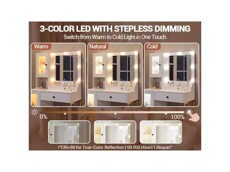 Vanity Desk with Mirror and Lights, Makeup Dressing Table w/Adjustable Bulbs, Sturdy MDF Top & Metal Leg, Smart Storage Drawers & Cabinets for Bedroom