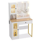 Coiffeuse avec miroir et lumières, Table de maquillage avec ampoules réglables, Plateau en MDF robuste et pieds en métal, Tiroirs et armoires de rangement intelligents pour chambre à coucher