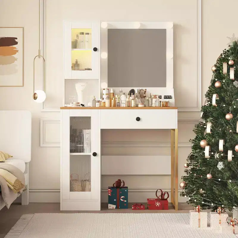 Vanity Desk with Mirror and Lights, Makeup Dressing Table w/Adjustable Bulbs, Sturdy MDF Top & Metal Leg, Smart Storage Drawers & Cabinets for Bedroom