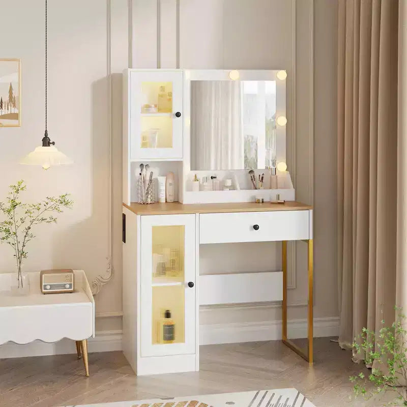 Vanity Desk with Mirror and Lights, Makeup Dressing Table w/Adjustable Bulbs, Sturdy MDF Top & Metal Leg, Smart Storage Drawers & Cabinets for Bedroom
